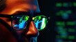 © thanaseth - Man wearing glasses reflecting digital data visualizations on their lenses.
