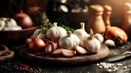 Canvas Print - Stock photo of garlic and onions in HD 8K