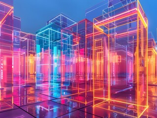 Transparent Neon City Showcasing Vibrant Nightlife in Futuristic Digital Architectural Landscape