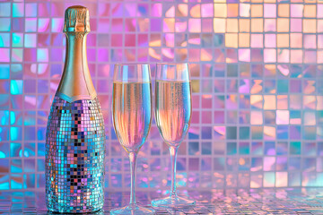 disco ball champagne bottle and two champagne glasses, copy space. party atmosphere, celebration con