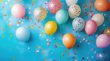 Balloons of various colors set against a joyful celebration backdrop