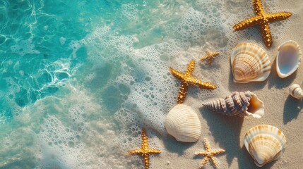 Seashells and starfish scattered on a sunny beach featuring crystal clear turquoise waters evoking a summer vacation atmosphere