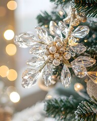 Close-up of a crystal snowflake ornament on a Christmas tree with gold and white beads.