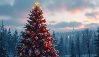 A large Christmas tree with red and gold ornaments