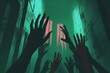 © Антон Сальников - This Halloween night background features numerous creepy and scary zombie hands rising from dark shadows, creating a spooky atmosphere perfect for horror themed celebrations and events.