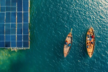 floating solar array platform and two boats on a vibrant blue lake. eco-friendly technologies. diago