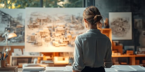 Architect examining a 3D model with design sketches in the background, bright light enhancing the creative workspace atmosphere