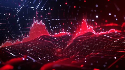 Wall Mural - Abstract digital waveforms with red and white lights against a dark background, representing data visualization and sound analysis.