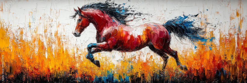 A vibrant painting of a red horse galloping through a field of yellow ...