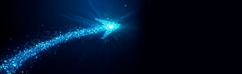 Wall Mural - abstract blue glowing arrow on a dark background with light rays and particles, with space for a des
