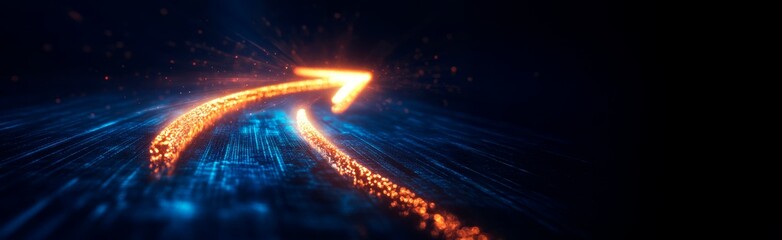 Wall Mural - abstract blue glowing arrow on a dark background with light rays and particles, with space for a des