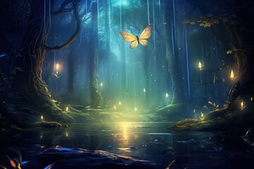 Canvas Print - Night outdoors fantasy firefly.