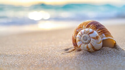 A close-up of a spiral seashell partially buried in soft beach sand, with ocean water shimmering in the distance.