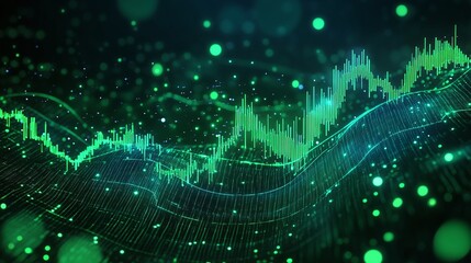 Wall Mural - Abstract green digital data visualizations with glowing particles and waveforms on a dark background.