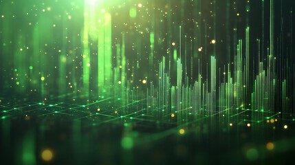 Wall Mural - Abstract green digital landscape with glowing particles and lines, representing data and technology innovation.