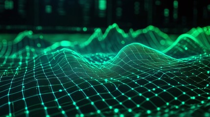 Abstract green digital landscape with grid lines and wave patterns, showcasing futuristic data visualization.