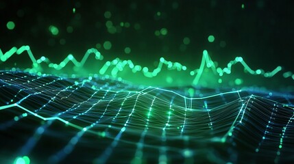 Wall Mural - Abstract green digital waveform with glowing lights and grid design, perfect for technology and data visualization themes.