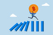© dwara - Cut loss from Bitcoin and cryptocurrency collapse, Entrepreneur investor holding bitcoin hurrying to escape collapsing domino effect.