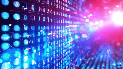 A colorful digital background featuring binary code and abstract lights, symbolizing technology and data.