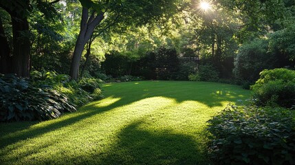 Wall Mural - lush green yard illuminated by sunlight filtering through the foliage of surrounding trees