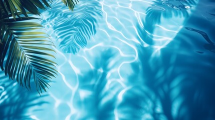 Wall Mural - Bright blue pool water with soft ripples, highlighted by tropical leaves' shadows gently swaying on the surface