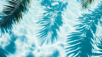 Wall Mural - Crystal-clear aqua waves meeting shadows of broad tropical leaves on a sunlit blue pool texture