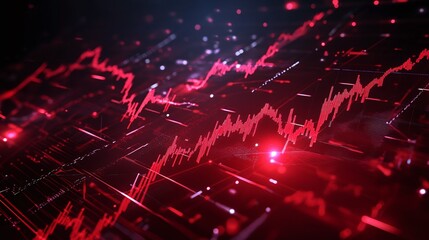 Wall Mural - Abstract red data visualization with fluctuating line graph and digital elements, representing analytics and financial trends.