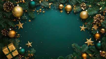 Vibrant green Christmas backdrop adorned with fir branches golden ornaments stars and gifts Ideal for New Year s greetings and festive decorations