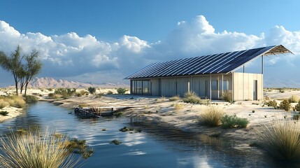 Modern Desert Home with Solar Panels and Creek.