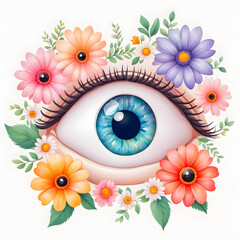 Illustration of art Eye with cute flowers on white background.