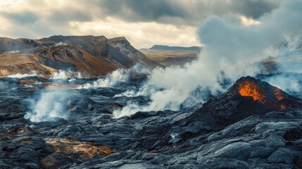 A captivating volcanic landscape featuring rugged terrain steam vents and active volcanic features showcasing the striking power and geological marvels of such regions