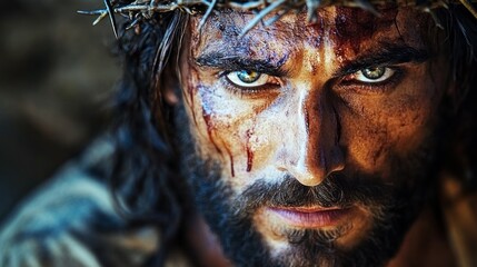 A man with a crown on his head and a bloody face. The man is Jesus Christ. Concept of pain and suffering, as the man's face is covered in blood