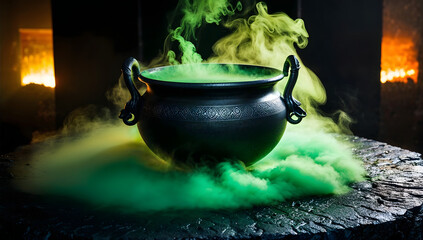 Cauldron with bubbling green glowing potion isolated on a dark foggy background, surrounded by eerie mist. Perfect for spooky Halloween scenes, witches' brew, haunted atmospheres, and magical potions.