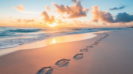 Footprints trail across the sandy beach during sunrise