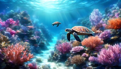 Elegant Sea Turtle Gliding Through a Colorful Coral Reef