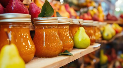 Wall Mural - Fresh homemade pear jam in glass jar for sale in store