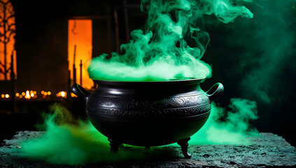 Cauldron with bubbling green glowing potion isolated on a dark foggy background, surrounded by eerie mist. Perfect for spooky Halloween scenes, witches' brew, haunted atmospheres, and magical potions.