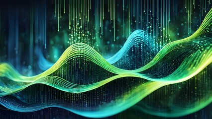 Abstract digital waves in blue and green hues on a dark background, with a futuristic, technological aesthetic.