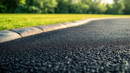 Close up of an asphalt track with curbs set against a green field background in a motor sport circuit