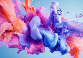 Wall Mural - Animated neon smoke, holi paint explosion. Multicolored neon ink. Abstract psychedelic pastel light background. 3D rendering.