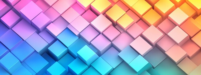 Wall Mural - 3D glossy texture wall with 3D geometric pastel colors colored squares and rectangles background banner illustration panorama long textured wallpaper (Stock)