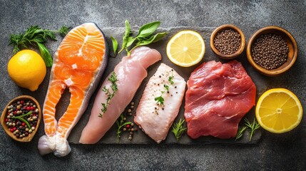 Raw chicken fish and meat displayed on stone surface Lean protein sources