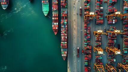 Wall Mural - Top View of Multiple Container Ships in a Busy Shipping Yard for Transportation and Logistics