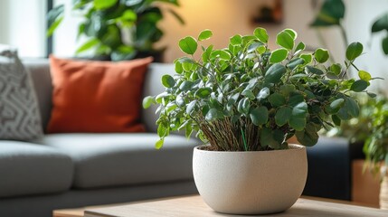 Indoor plant featuring a Jelly Bean and Eucalyptus tree in a ceramic pot showcasing a fresh indoor plant arrangement