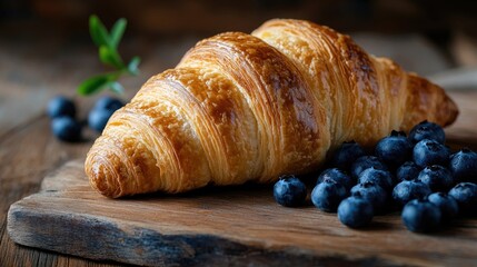 Appetizing breakfast featuring a fresh croissant and blueberries on a wooden surface