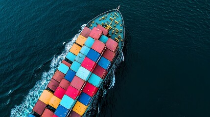 Aerial View of Cargo Ship Loaded with Colorful Containers - Logistics and Freight Transport Concept