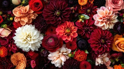 Closeup of a beautiful bouquet featuring seasonal autumn flowers such as dahlia hydrangea mum roses and chrysanthemum Perfect for a floral greeting card with space for text