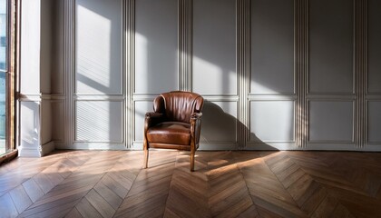 Leather chair in empty studio against classic wall panels. Room mockup with luxury modern design. Minimalistic space with window shadow overlay on floor. luxury apartment comfortable suite lounge