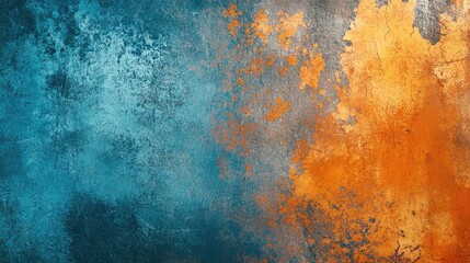 Rustic abstract background with grunge textures in blue and orange hues featuring weathered stone and metal surfaces creating a panoramic visual with complementary colors