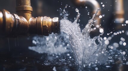 damaged heating system pipes with water splashing out